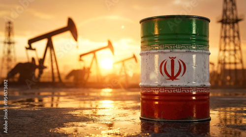 Iran oil barrel with national flag at sunset refinery. Crude oil industry and energy crisis concept. 