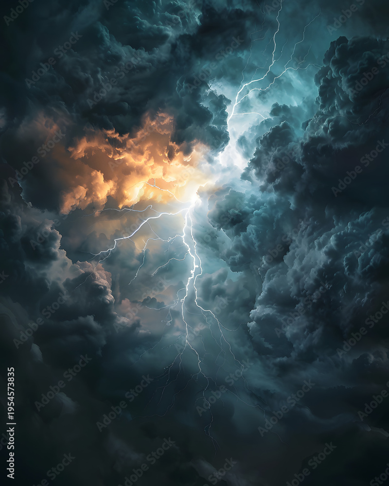 Fototapeta premium Single lightning strike in dark storm sky dramatic electric energy background