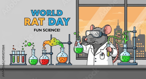 Curious lab rat in white coat conducting fun science experiment in laboratory setting with colorful beakers and flasks