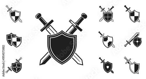 Medieval Shields and Swords Icons Set - Heraldry, Knights, History, and Gaming Symbols