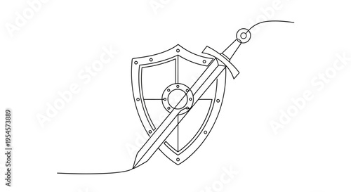 Medieval Sword and Shield Outline Icon - Vector Illustration