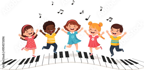 Happy diverse children joyfully jumping and dancing on a piano keyboard with musical notes.