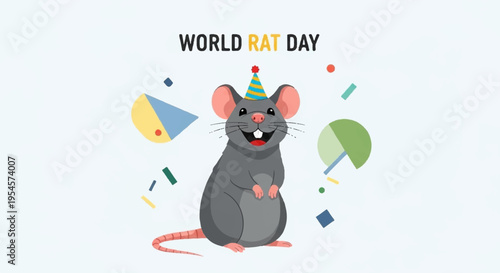 Happy rat in party hat celebrates world rat day with colorful confetti and balloons on light background