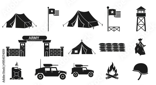 Military Icons: Army Base, Tents, Vehicles, Guard Tower, Fire, Helmet