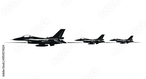 Military fighter jets flying in formation, silhouette, side view