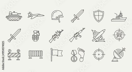 Military Icon Set: Tank, Jet, Helmet, Weapons, Shield, Ship, Grenade, Radar