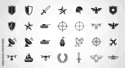 Military Icons Set: Shield, Sword, Star, Tank, Drone, Eagle, Ship