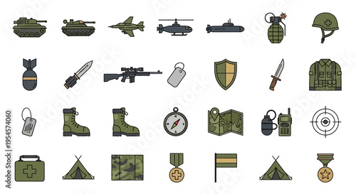 Military Icons Set: Tanks, Aircraft, Weapons, Uniforms, and Equipment