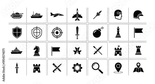 Military Icons Set: War, Defense, Strategy, Technology, and Security Symbols