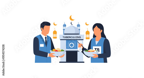 flat design illustration of people holding food near tuberculosis testing center during ramadan