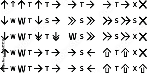 Directional arrow symbol icon set with letters and navigation signs, black minimalist interface controls collection for user guidance and infographic design
