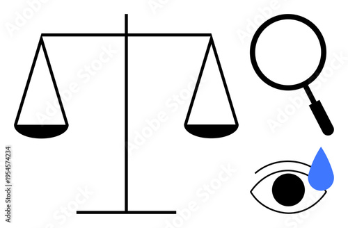 Justice concept. Scales fairness, magnifying glass indicating investigation, and an eye with a teardrop. Justice, investigation, and transparency are key . Useful for legal, ethical and surveillance