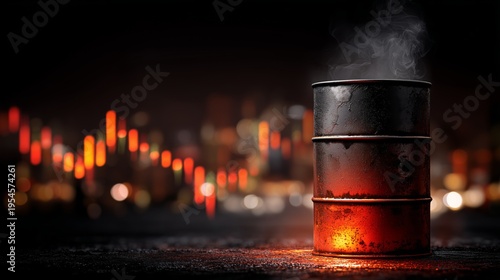 Crude Oil Barrel with Smoke and Glowing Heat on Volatile Stock Market Chart Background, Concept of Energy Crisis and Rising Oil Prices