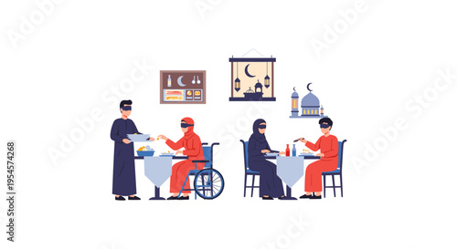 people wearing face masks sitting at tables in a restaurant with a person in a wheelchair