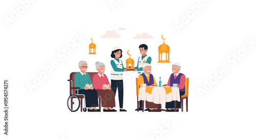 Diverse group of elderly people enjoying iftar meal together