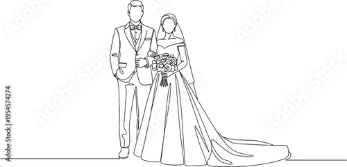 Elegant Continuous Line Drawing of a Bride and Groom Celebrating Their Wedding Day