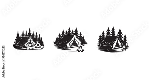Camping tent in the forest with pine trees and campfire silhouette