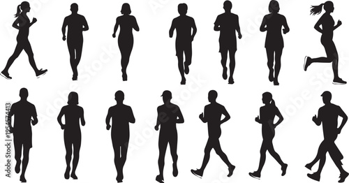 Silhouettes of people running and walking in various poses