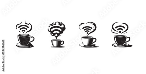 Hot coffee cup with Wi-Fi signal steam icon set for cafe
