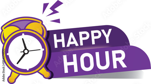 Happy Hour Label. Modern web banner with clock 