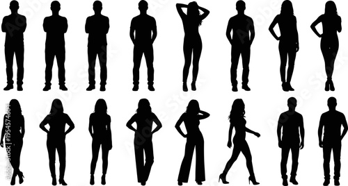 Collection of diverse male and female silhouettes in various standing and walking poses