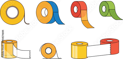 Adhesive Tape Roll Vector Set Featuring Sticky Tape, Packaging Tape, Colored Rolls, Sealing Strips, and Office Supply Illustration Collection