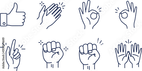 hand gestures icon set, thumbs up clap ok sign, human communication symbols, minimal line art icons, expressive signs collection, flat vector illustration