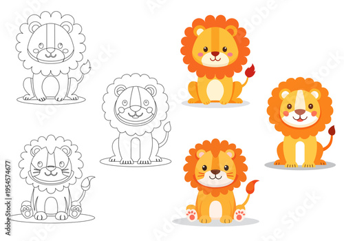 かわいいライオンのイラストセット、フラットデザインのキャラクター、子供向け・知育用の線画ベクター素材