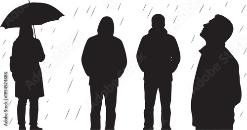 Silhouettes of people standing in the rain together outside