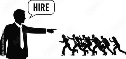 Hiring concept silhouette, recruiter choosing candidates, job selection process, business recruitment scene, human resources hiring, workforce competition, vector illustration