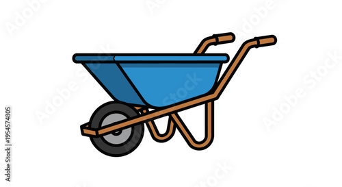 Blue wheelbarrow with brown handles.