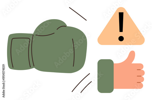Conflict resolution, decision-making, risk management, challenges, approval processes, safety protocols. Green boxing glove punching, thumbs-up gesture warning icon. Conflict resolution and risk