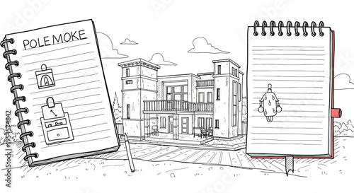 Notebooks with building design sketches.