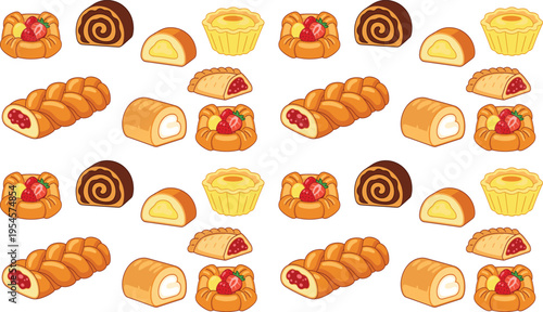 Assorted Pastry and Sweet Bread Vector Set Featuring Rolls, Swiss Cake, Jam Filled Desserts, Tarts, and Bakery Treat Collection for Food Illustration Design