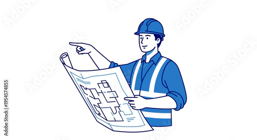 Man in blue uniform holding plans.