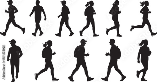 Silhouettes of people walking and running in various poses