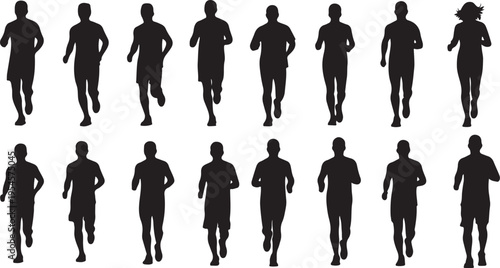 Silhouettes of people running in various poses and outfits