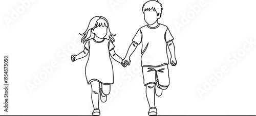 Continuous line drawing of two happy children running hand in hand on a white background.