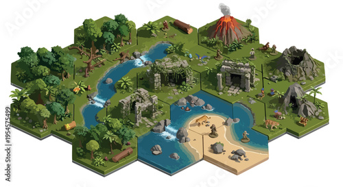 Isometric vector game map with hexagonal tiles featuring diverse landscapes: forests, rivers, mountains, volcanoes, caves, and a sandy beach with ancient ruins