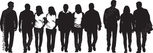 Silhouettes of people walking together in a group formation