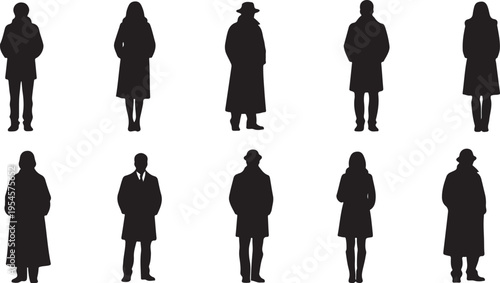 Silhouettes of people in various poses and attire standing