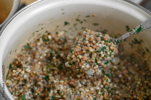 Roasted buckwheat groats cooked loose, healthy dietary food