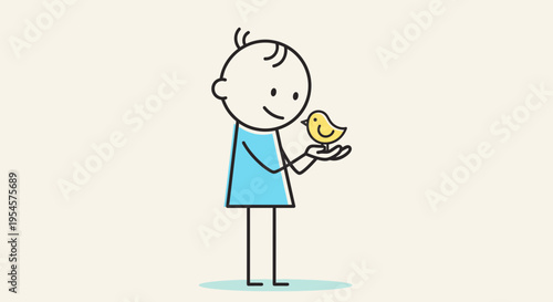 Smiling child holding yellow bird.