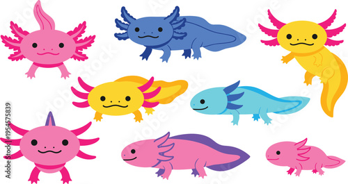 Cute Axolotl Cartoon Vector Set Featuring Colorful Mexican Salamander Characters, Smiling Amphibians, Aquatic Creatures, and Adorable Wildlife Illustration for Kids Design