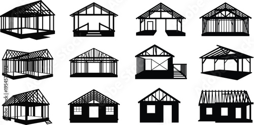 Set of house frames and constructions in various stages of building on white background