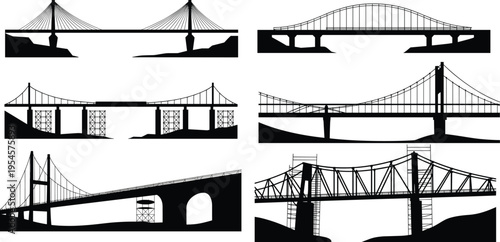 Various bridge types, suspension, arch, truss, construction silhouettes