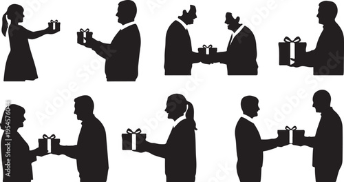 Silhouettes of people exchanging gifts in various profiles