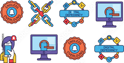 Digital Overload and Technology Dependency Vector Icon Set Featuring Smartphone Addiction, Notification Alerts, Broken Connection Chains, and Online Behavior Illustration