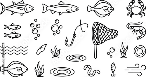 Fishing and Marine Life Line Icons Set with Fish, Net, Hook, Water and Ocean Elements