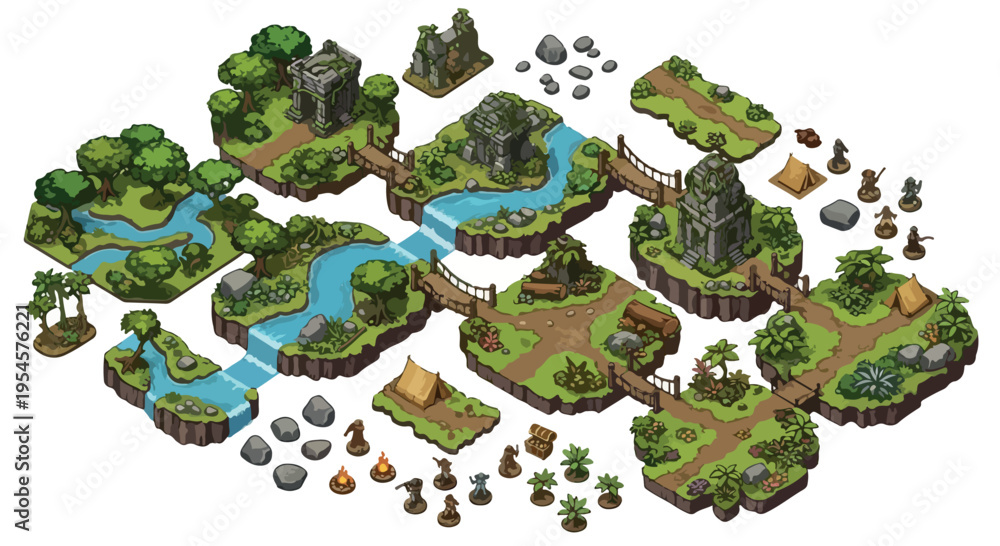 Fototapeta premium Isometric fantasy game map elements vector set with ancient ruins, rivers, forests, bridges, tents, and paths for adventure games isolated PNG with Transparent Background